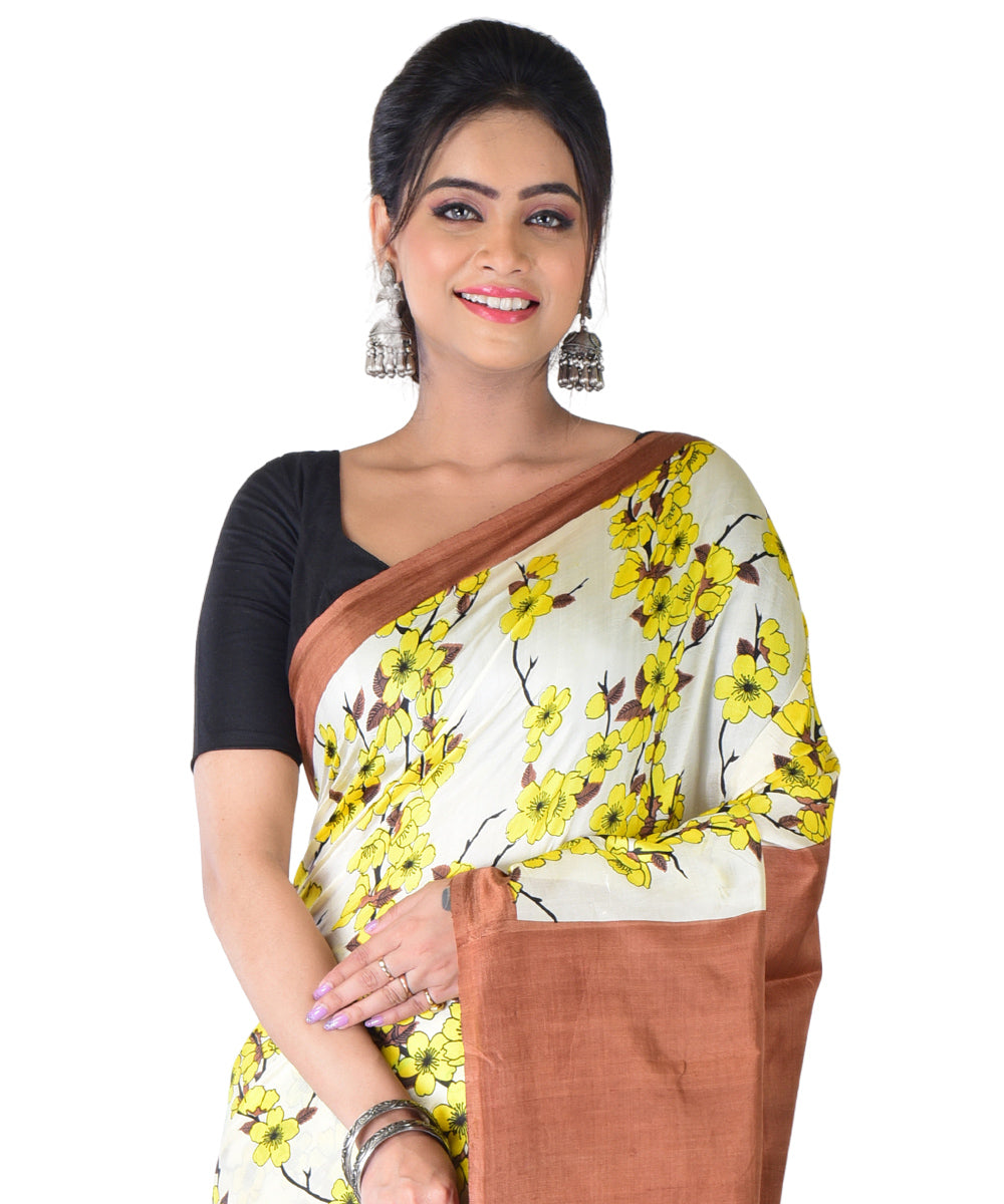 Yellow multicolor hand block printed silk saree