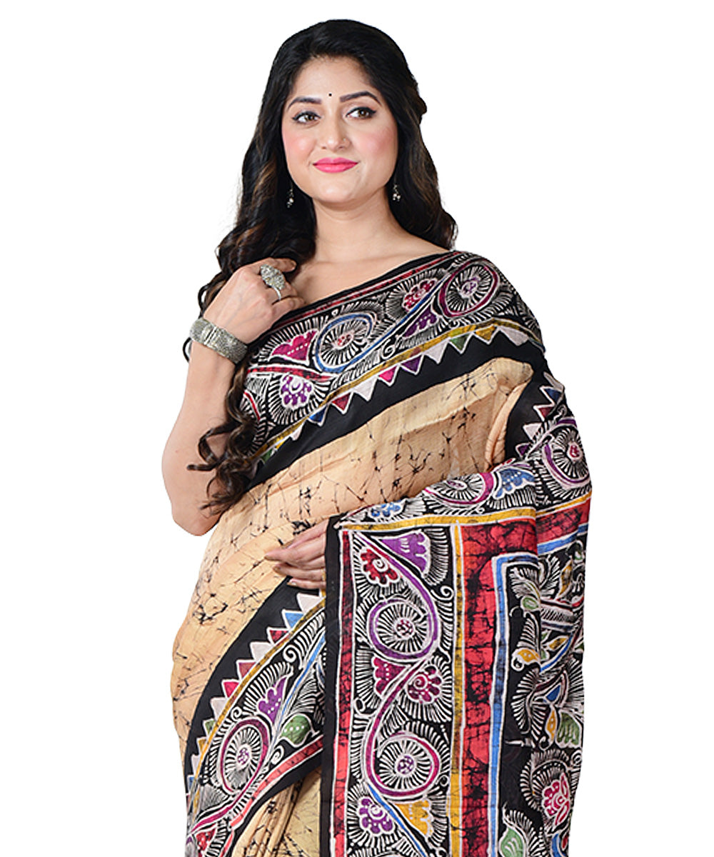 Beige brown batik print handprinted silk saree