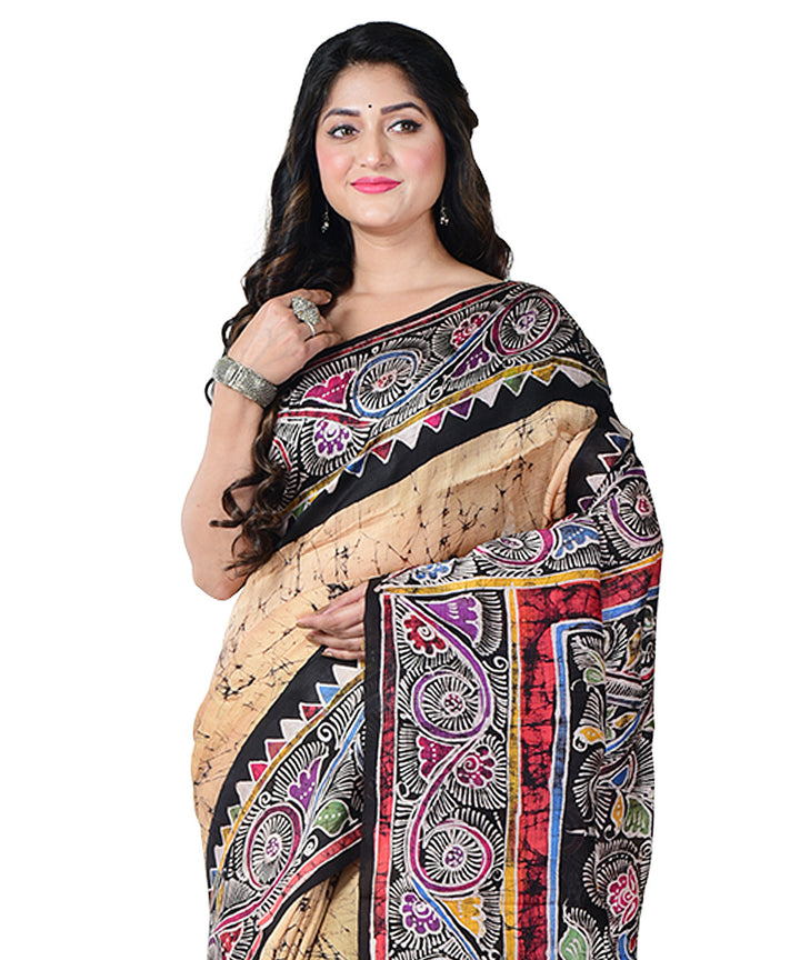 Beige brown batik print handprinted silk saree