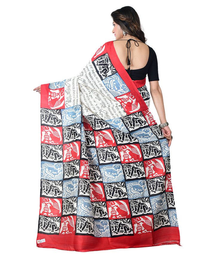 White multicolor block print handprinted silk saree
