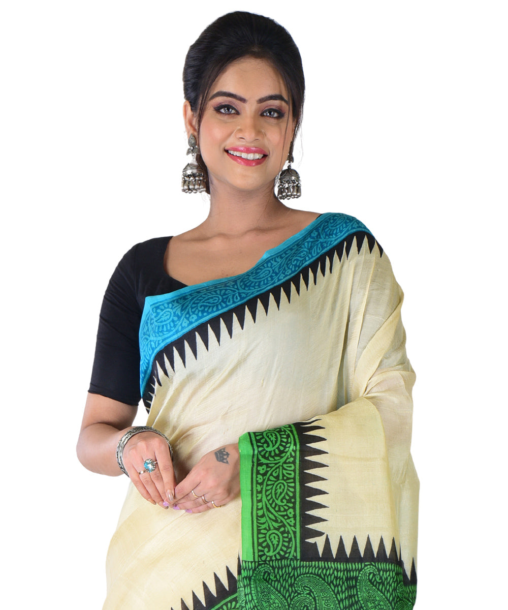 White dark green hand printed silk saree