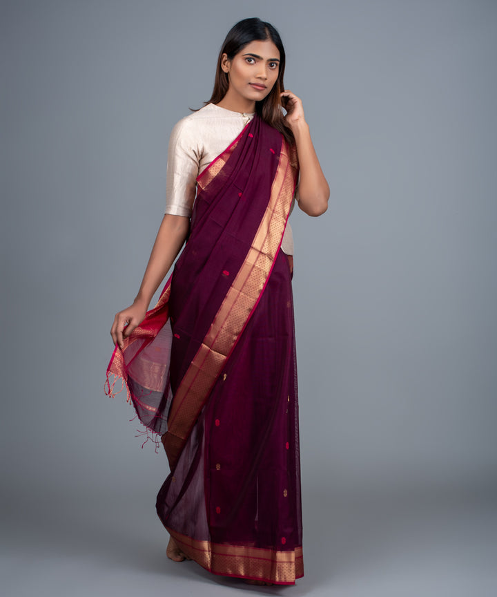 Maroon pink handwoven maheshwari cotton silk saree