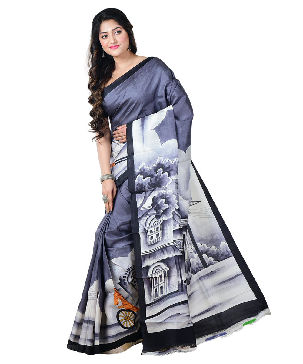 Grey white  hand painted silk saree