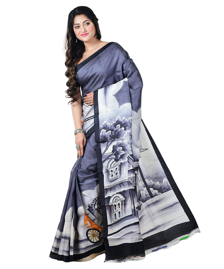 Grey white  hand painted silk saree
