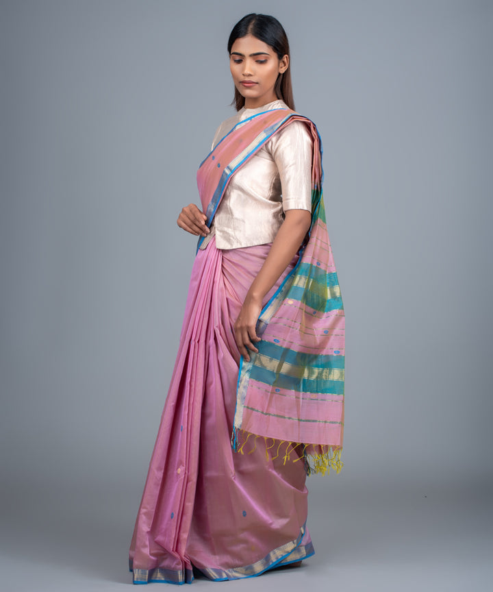 Pink green handwoven maheshwari cotton silk saree