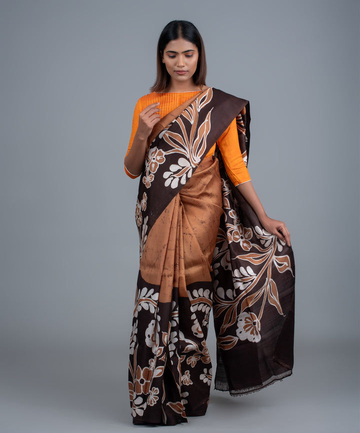 Brown mulberry silk hand painted batik saree