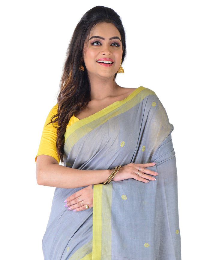 Grey yellow handwoven cotton silk saree