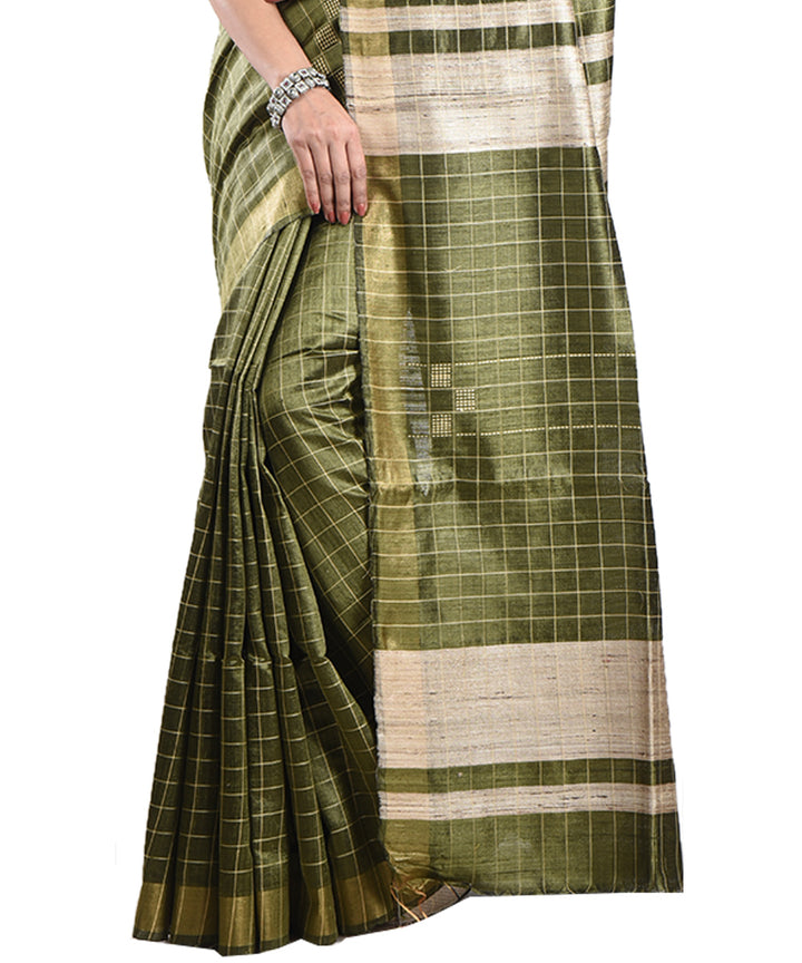 Dark green beige handwoven tussar silk saree