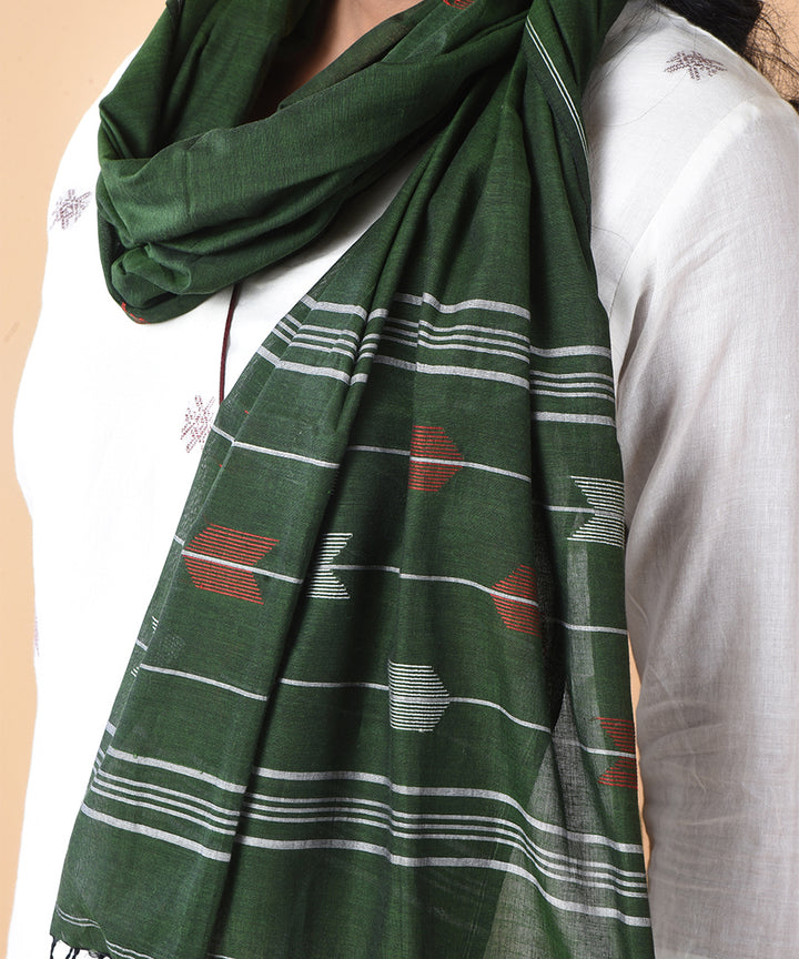 Dark green white handloom cotton jamdani stole