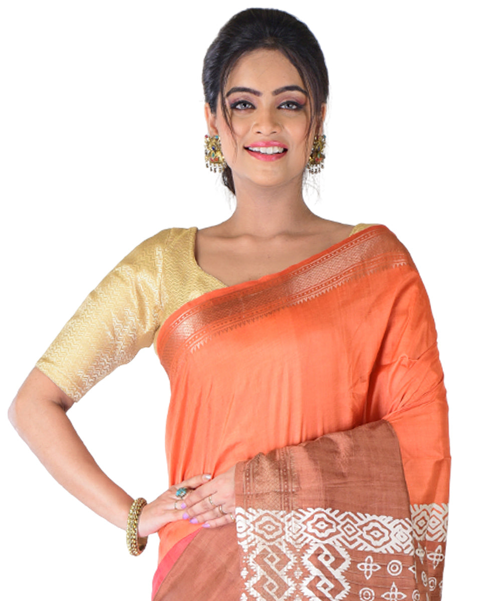 Maroon hand printed silk saree