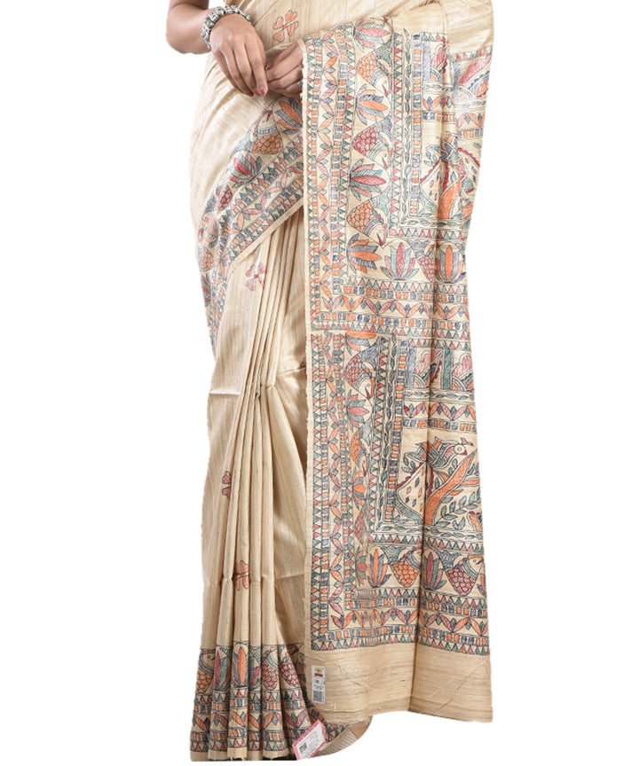 Beige multicolor handloom tussar silk madhubani painting saree