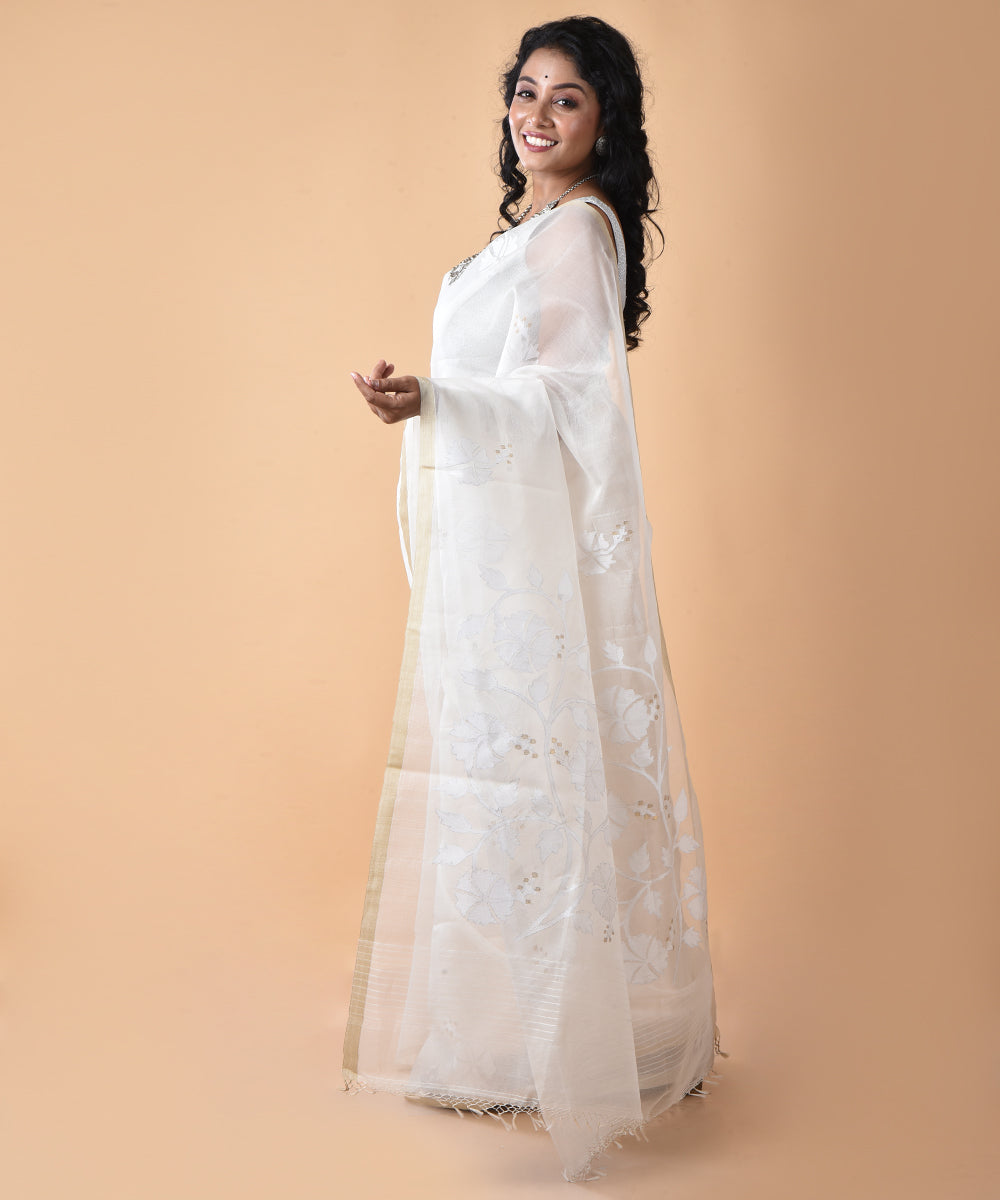 White silk handwoven jamdani saree