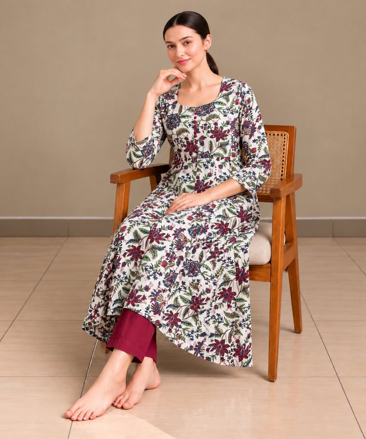 Marron white hand block printed Anarkali cotton Kurta set
