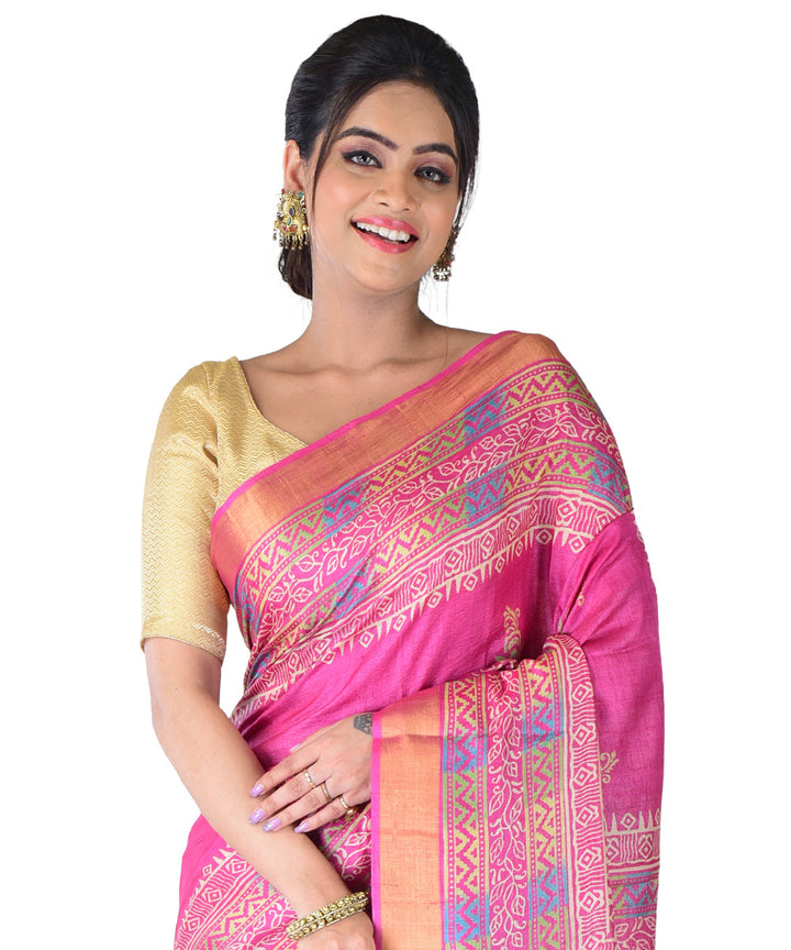 Pink hand printed tussar silk saree