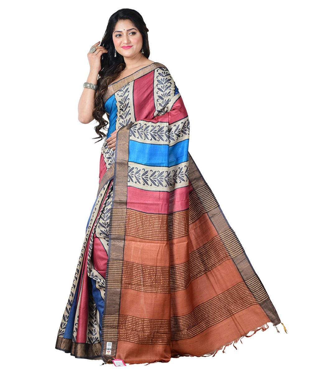 Multicolor cyan blue block print handprinted tussar silk saree