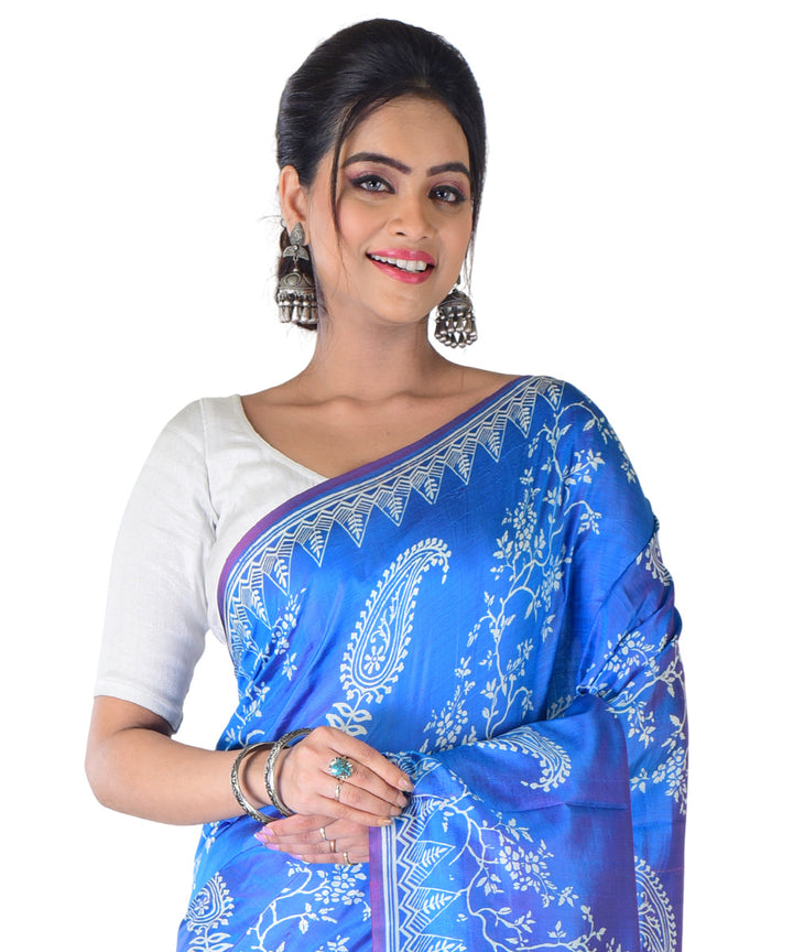 Navy blue white hand printed silk saree