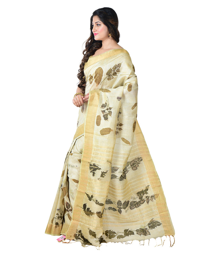 Beige brown  handprinted silk saree