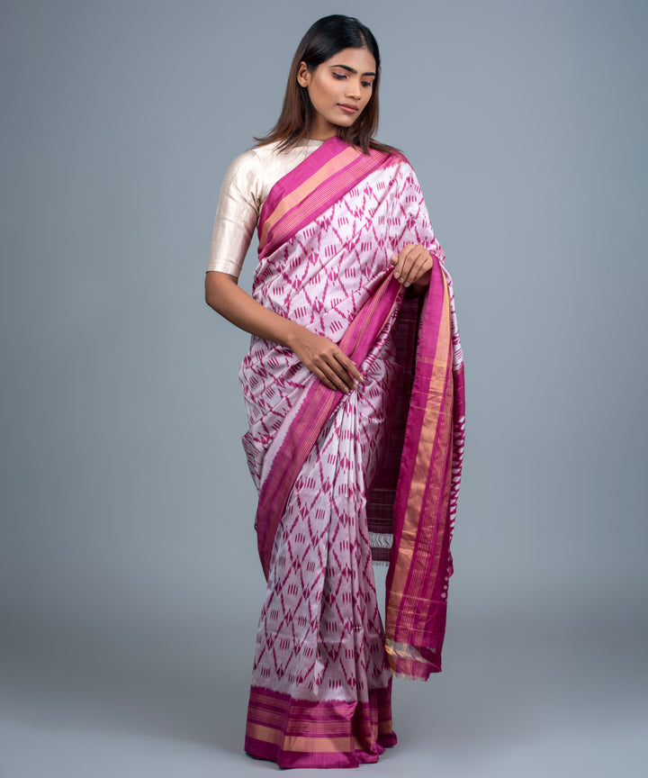 White pink handwoven pochampally ikat saree