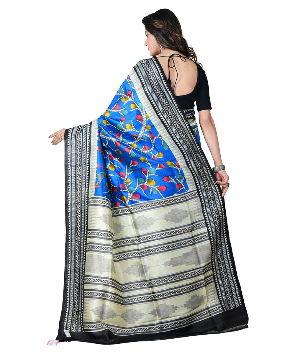 Navy blue Black block print handprinted silk saree