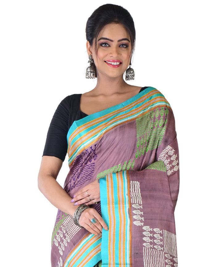 Brown light green hand printed silk saree