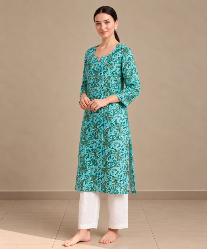 Turquoise and green hand block printed pure cotton kurti
