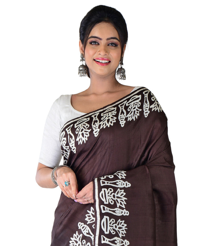 Black white hand printed silk saree