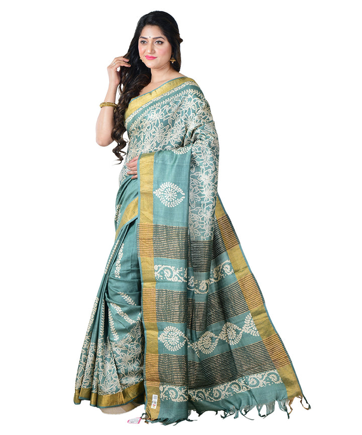 Cyan blue white block print handprinted tussar silk saree