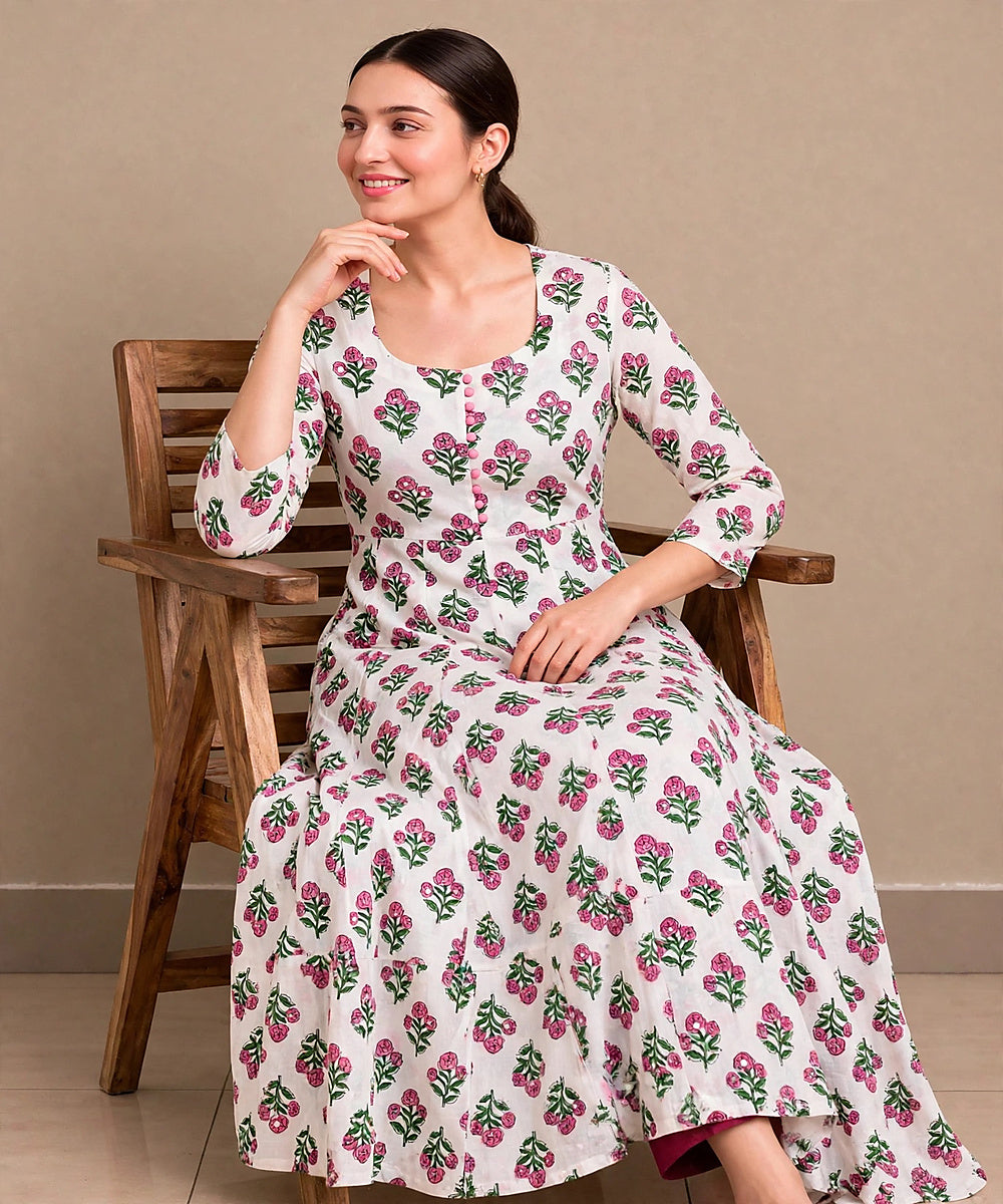 Pink white hand block printed Anarkali cotton Kurta set