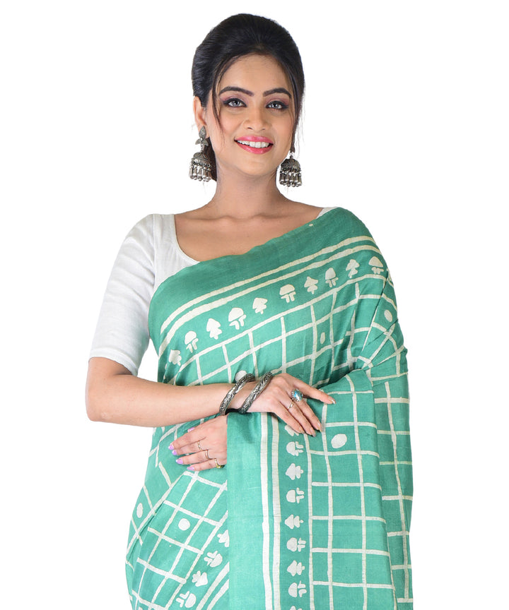 Light green white hand printed silk saree