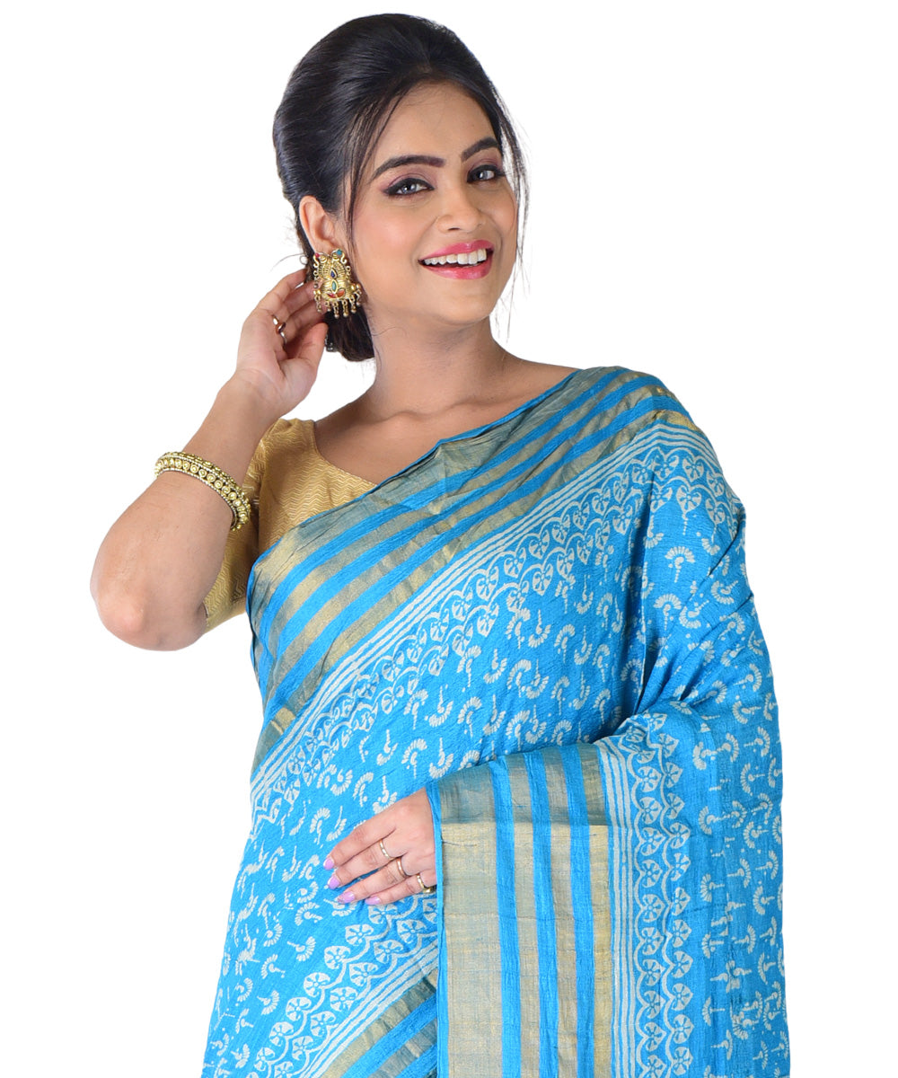 Cyan blue white hand printed tussar silk saree