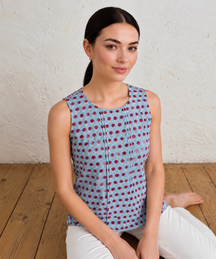 Aqua blue hand block printed cotton sleeveless top