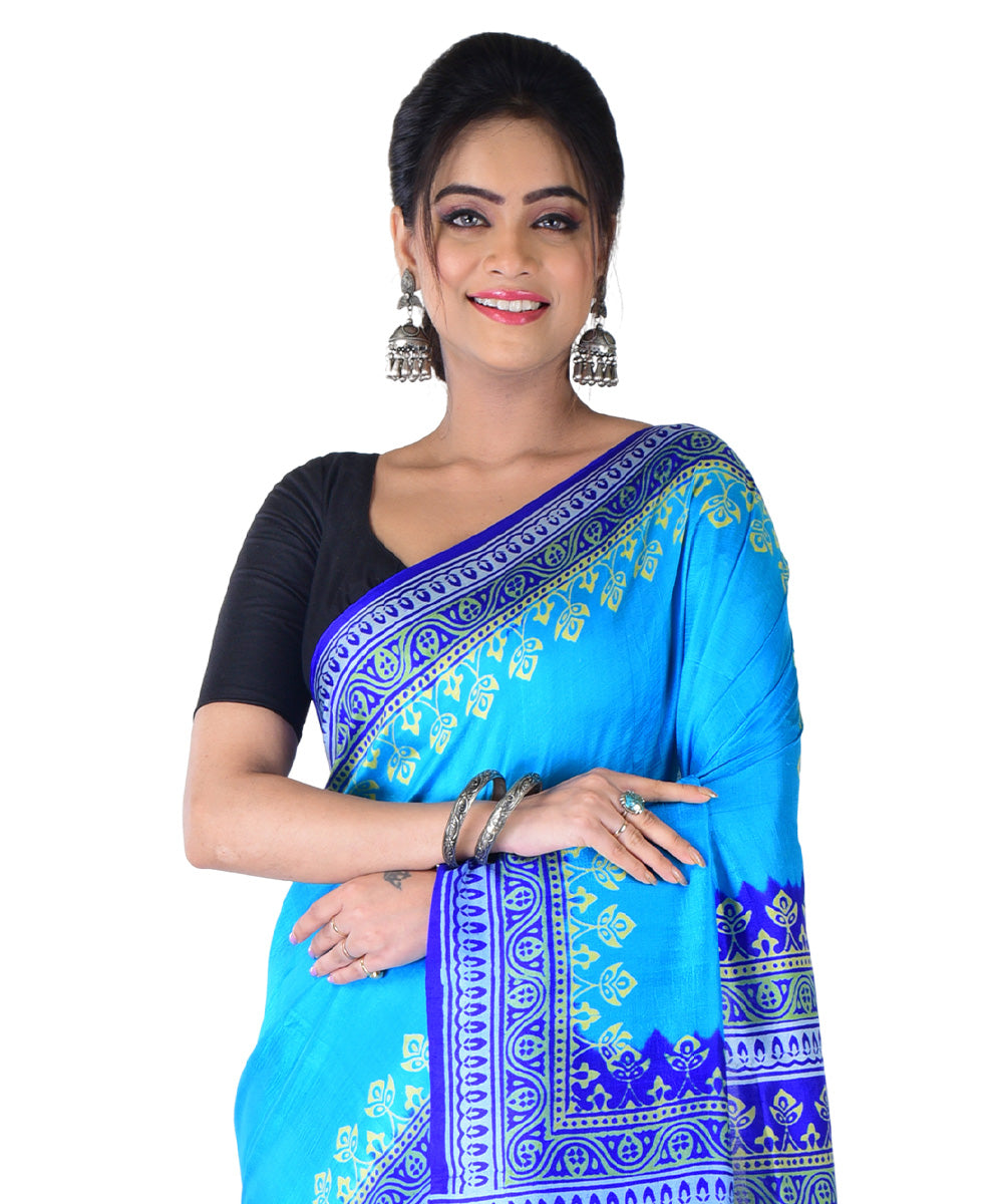 Cyan blue navy blue hand printed silk saree