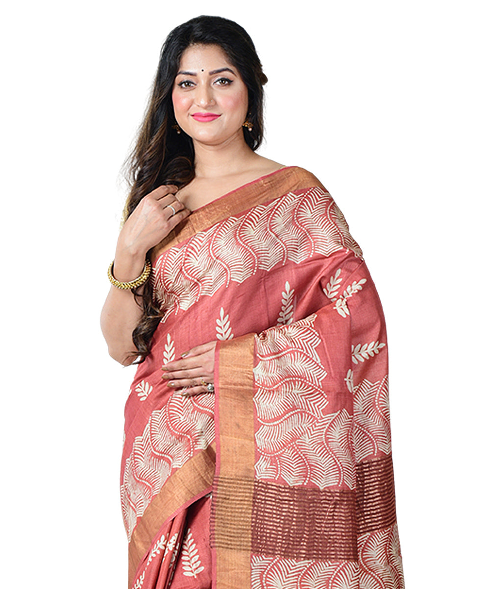 Red white block print handprinted tussar silk saree