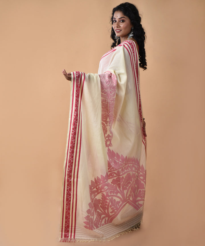 Cream red cotton handwoven jamdani saree