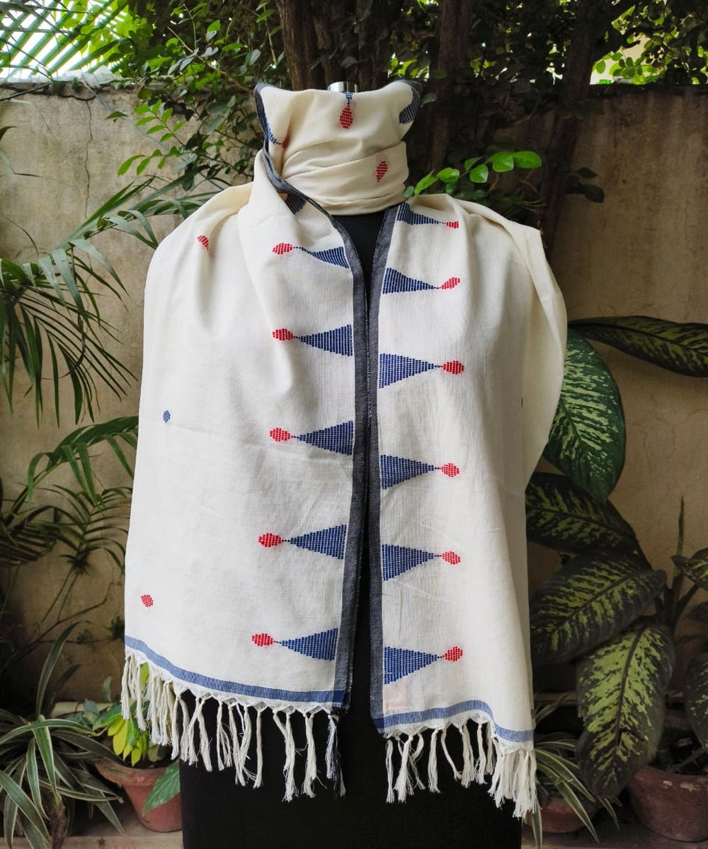 Beige blue red handwoven extra weft cotton stole