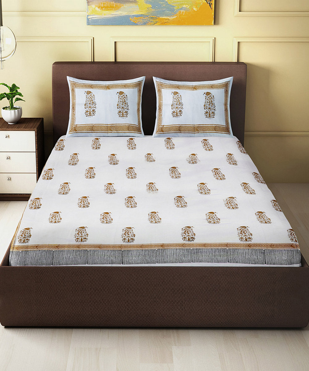White brown block print king size cotton double bedsheet