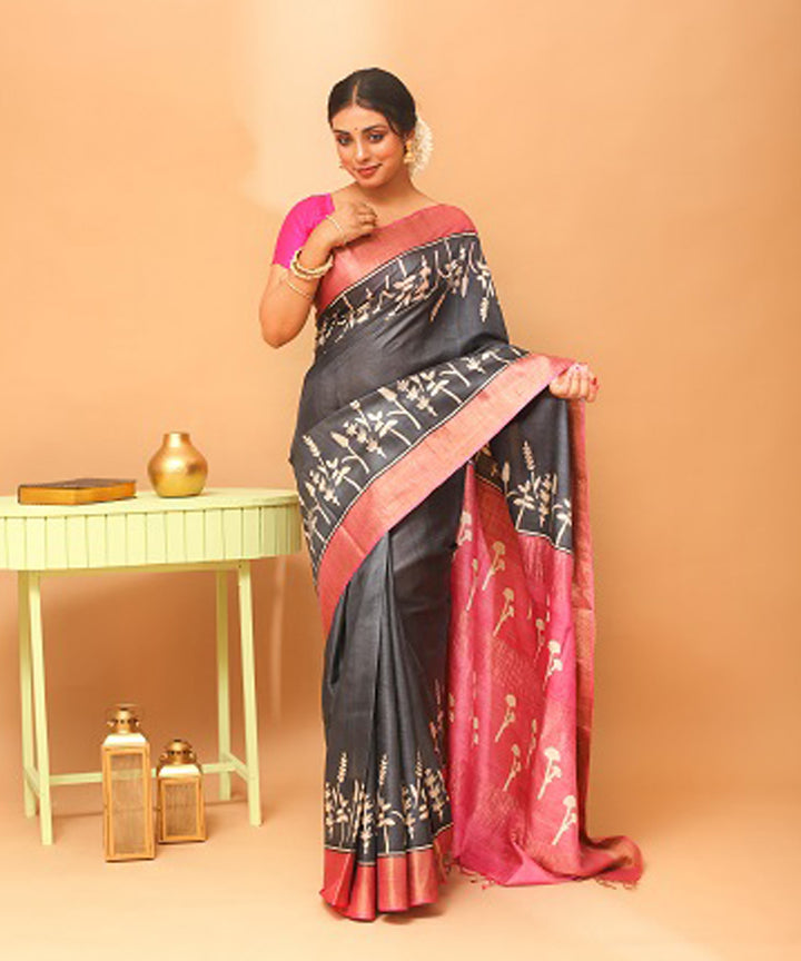 Grey pink chhattisgarh hand block printed tussar silk saree