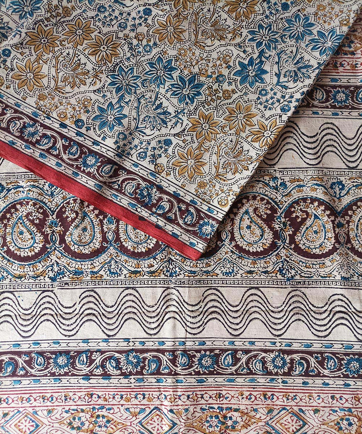 Offwhite blue kalamkari cotton hand printed saree