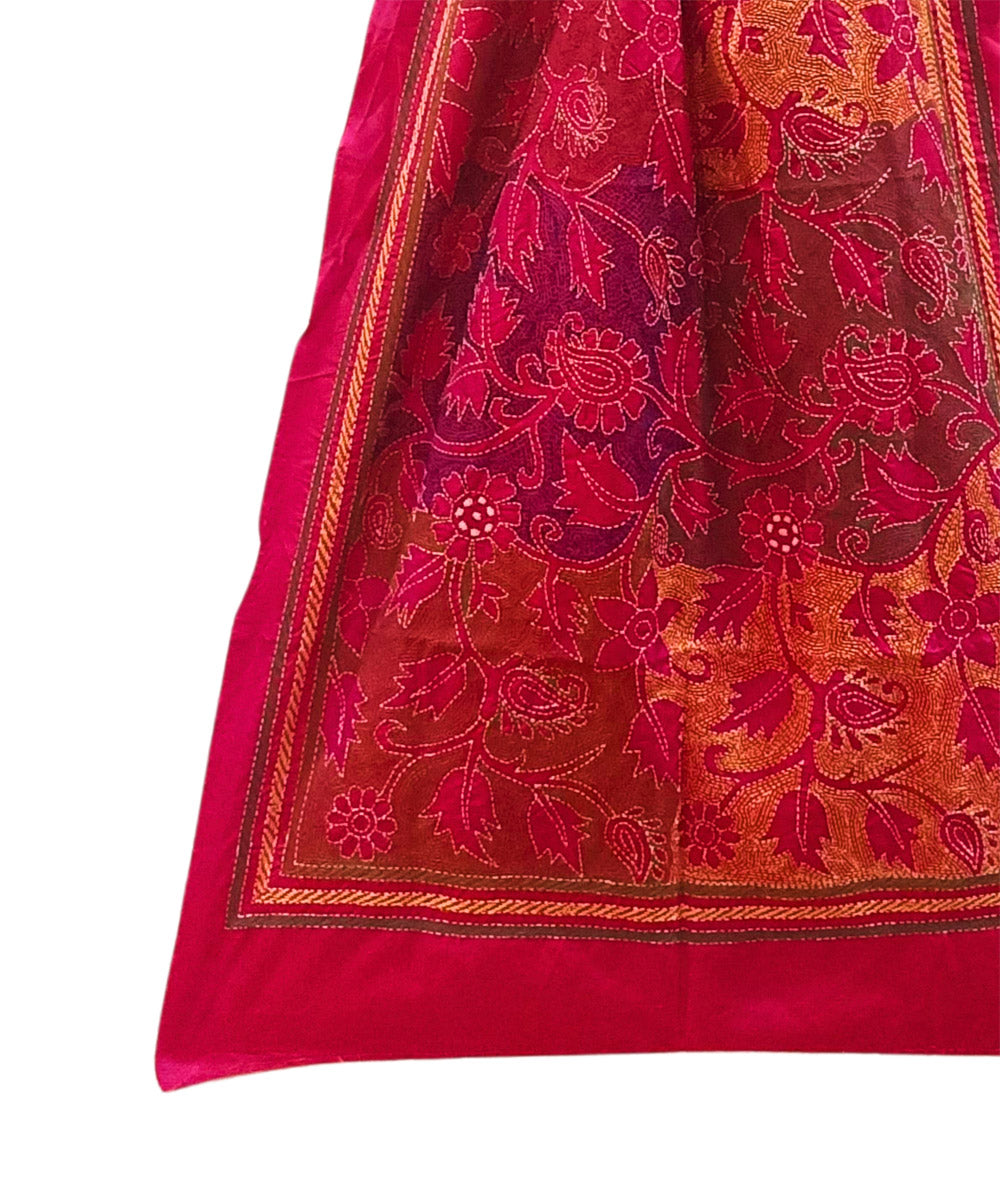Red multicolor thread handwoven silk kantha stitched stole