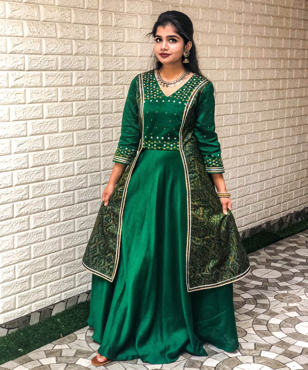 Green chanderi and silk ikat handwoven lehenga with hand embroidery