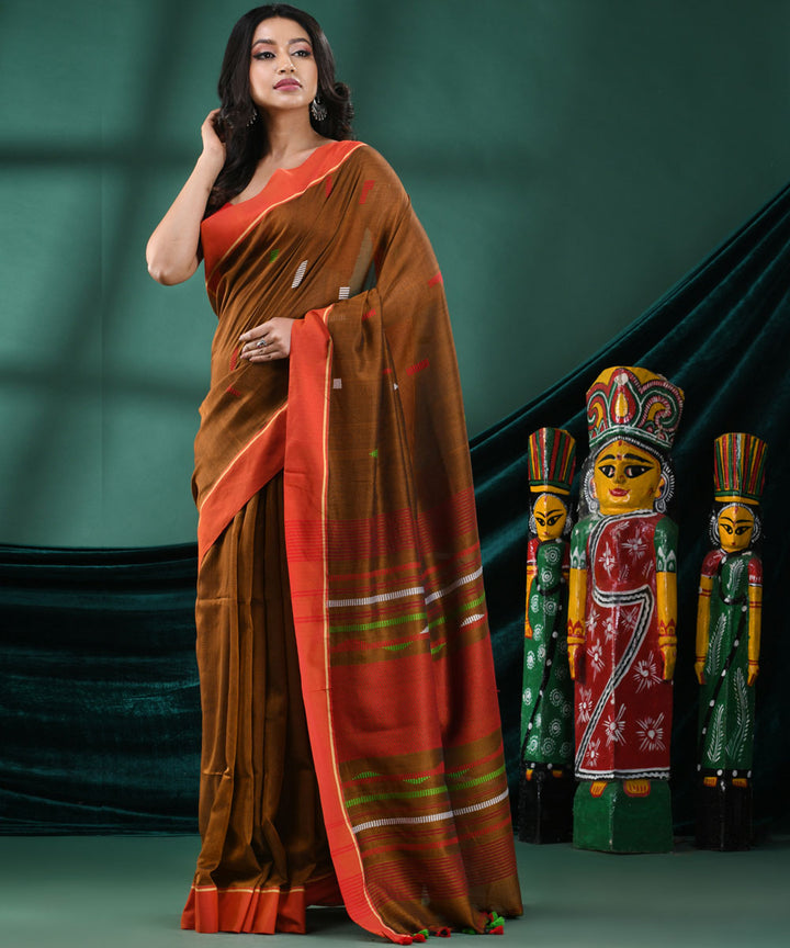 Mustard red handloom cotton bengal saree