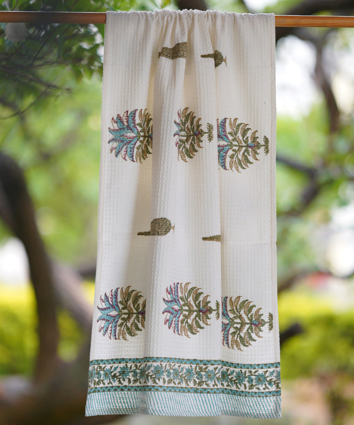 White green border flower motifs hand block printed cotton towels