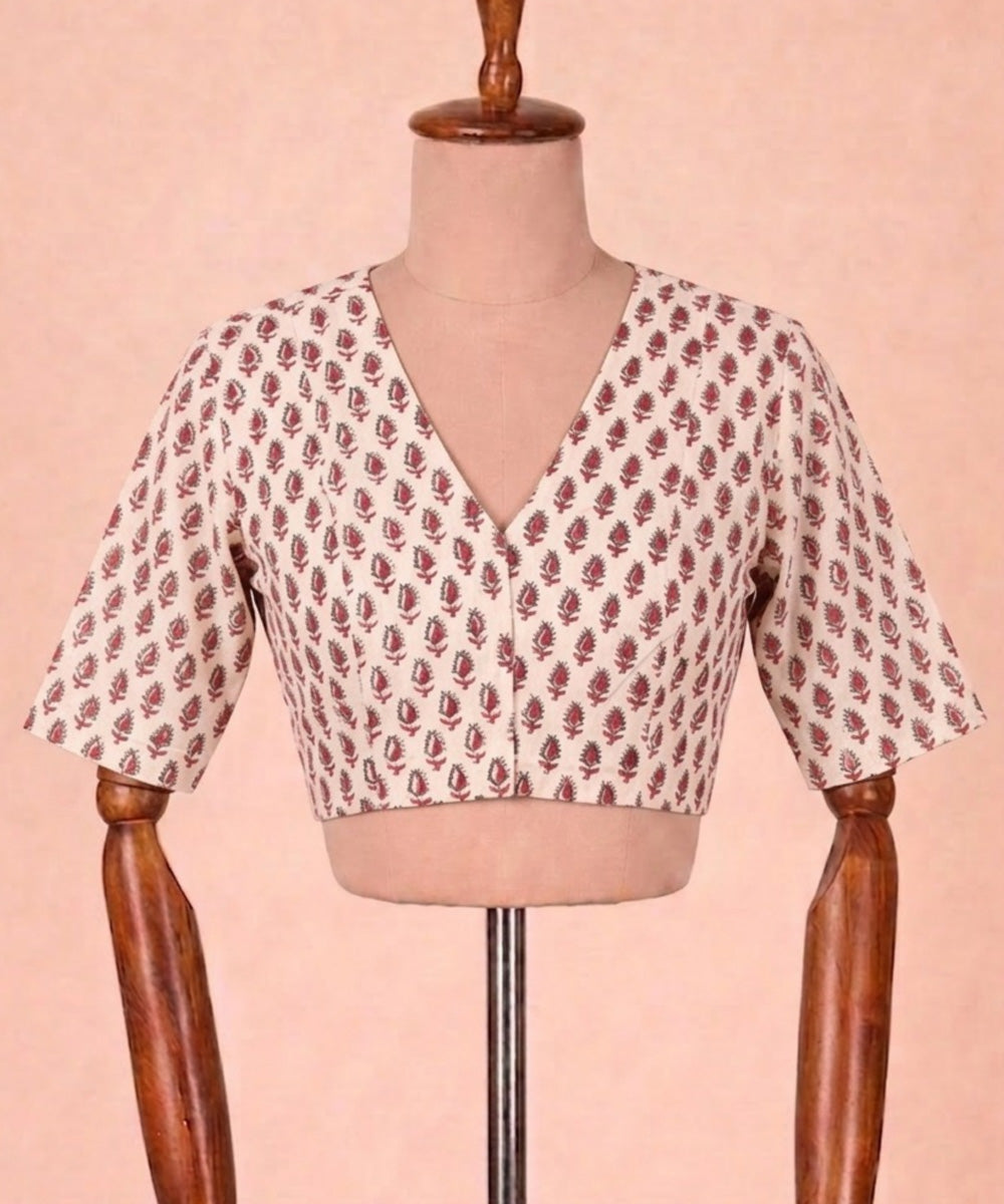 Maroon white cotton v neck front opening blouse