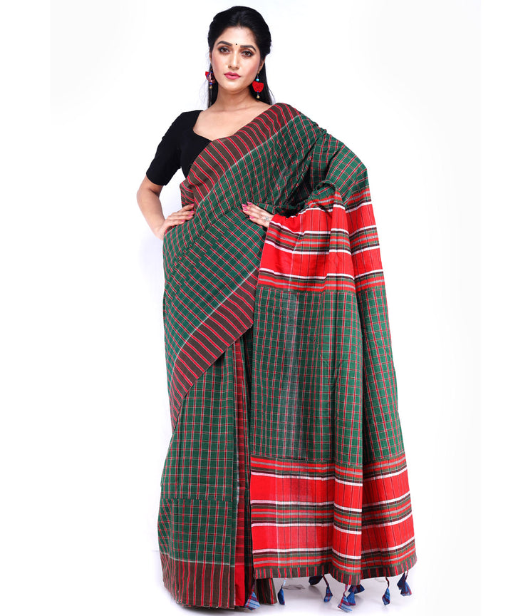 Dark green red cotton handloom gamcha saree