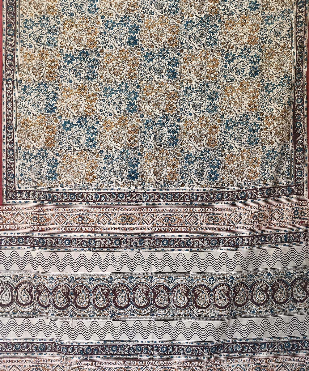 Offwhite blue kalamkari cotton hand printed saree