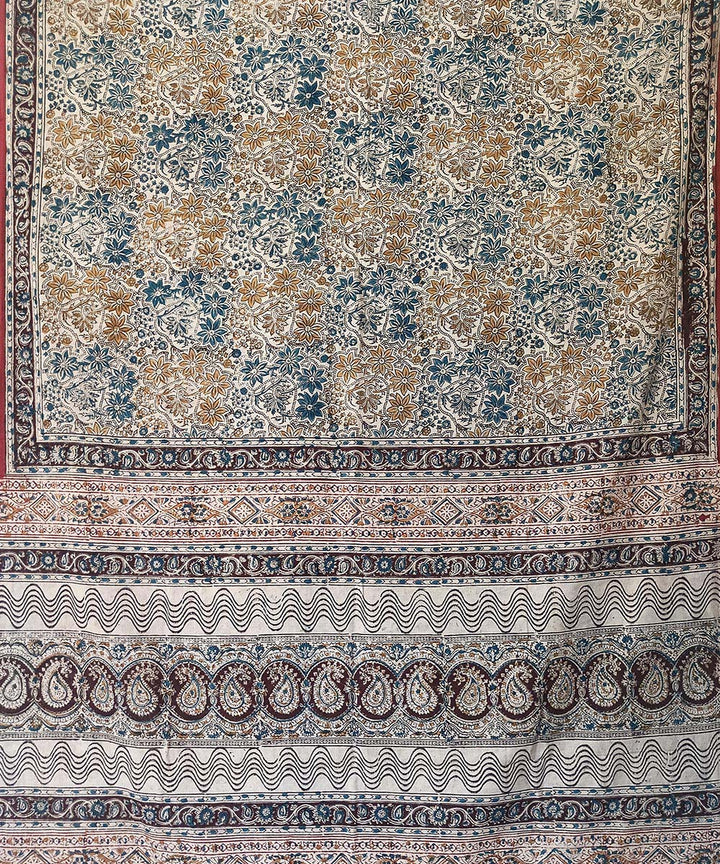 Offwhite blue kalamkari cotton hand printed saree