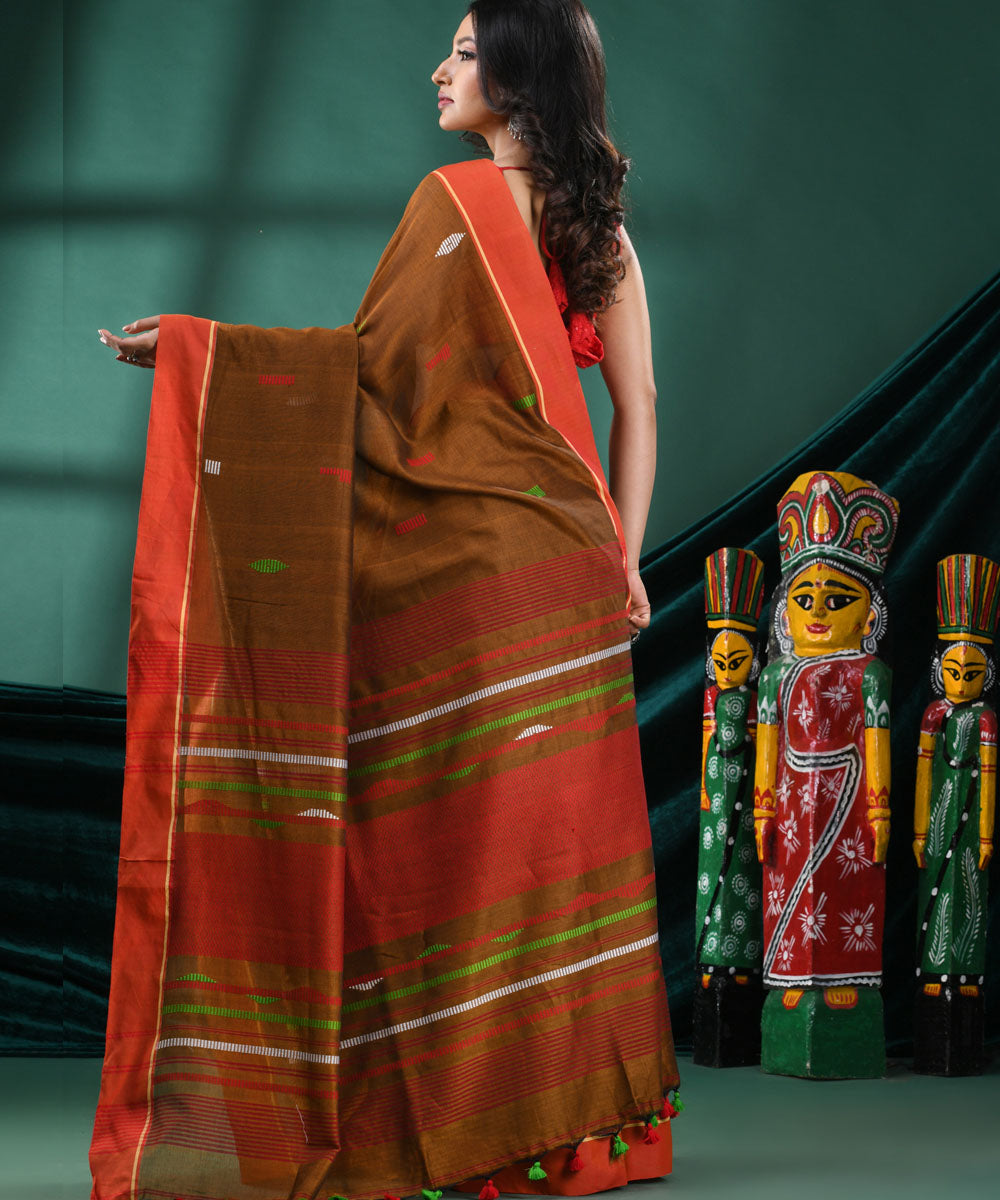 Mustard red handloom cotton bengal saree