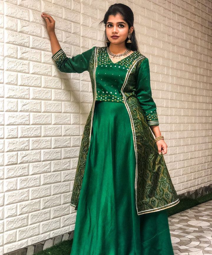 Green chanderi and silk ikat handwoven lehenga with hand embroidery