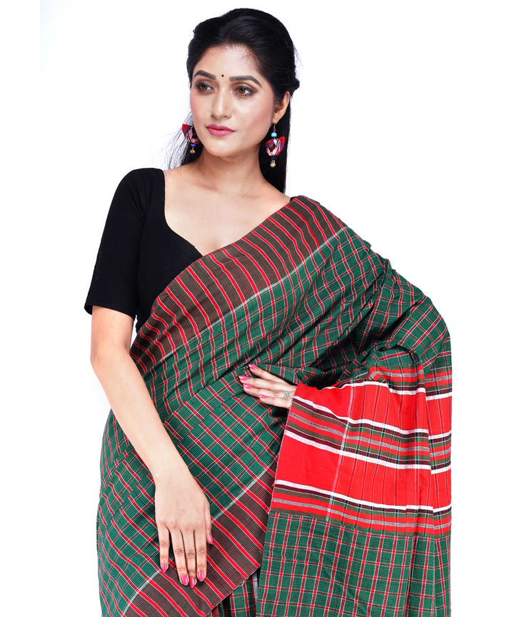 Dark green red cotton handloom gamcha saree