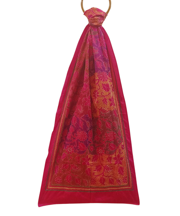 Red multicolor thread handwoven silk kantha stitched stole